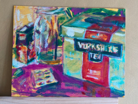 Colorful abstract painting of a Yorkshire tea sign and glass jar on a textured surface.