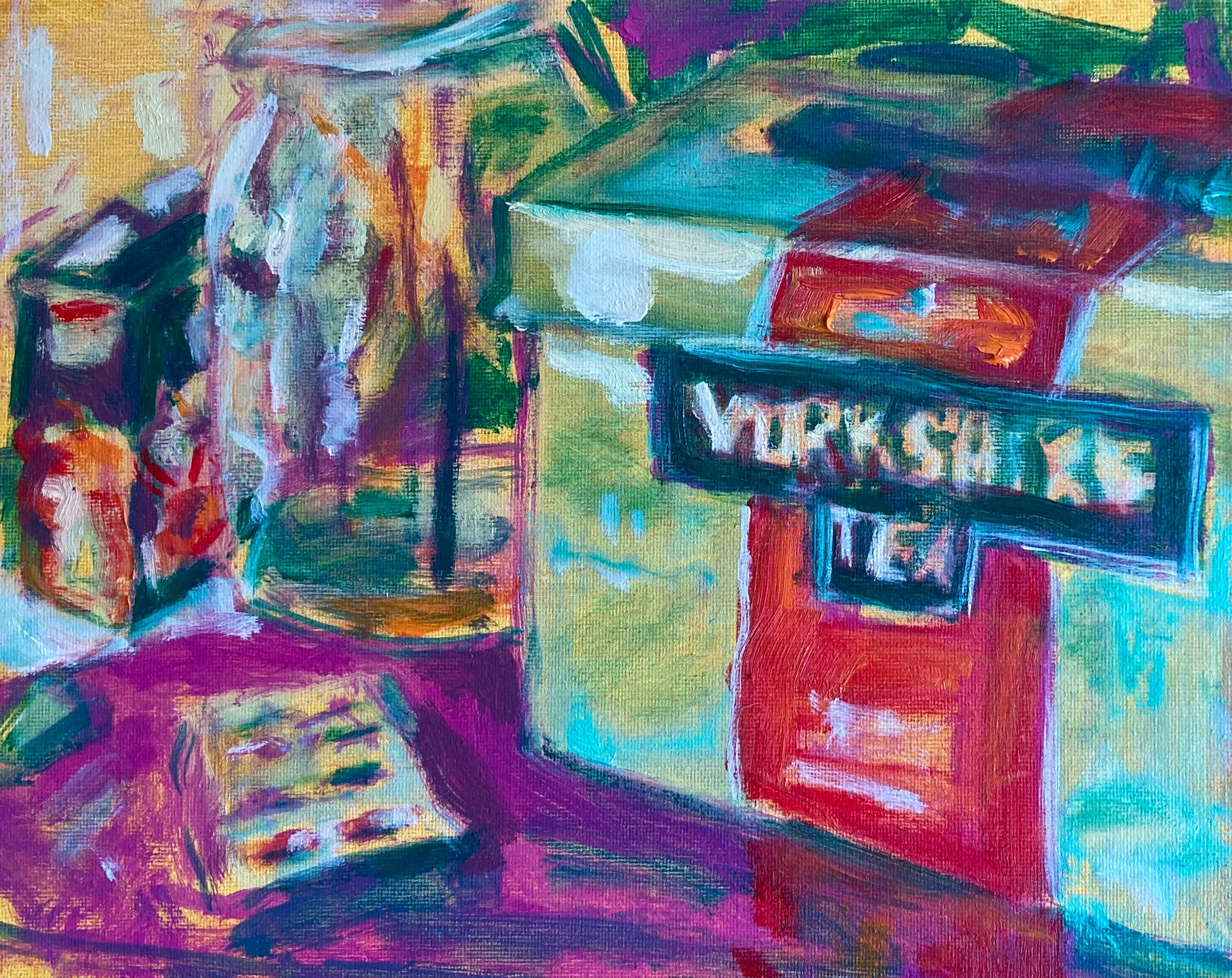 Colorful painting of Yorkshire tea packaging and a glass jar.